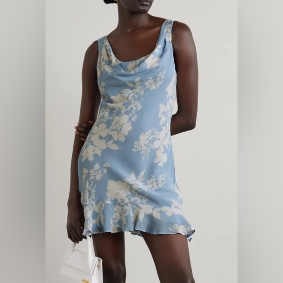 Reformation Rudie Draped Ruffled Floral Print Crepe Mini Dress Light Blue Size 2 - Picture 3 of 8
